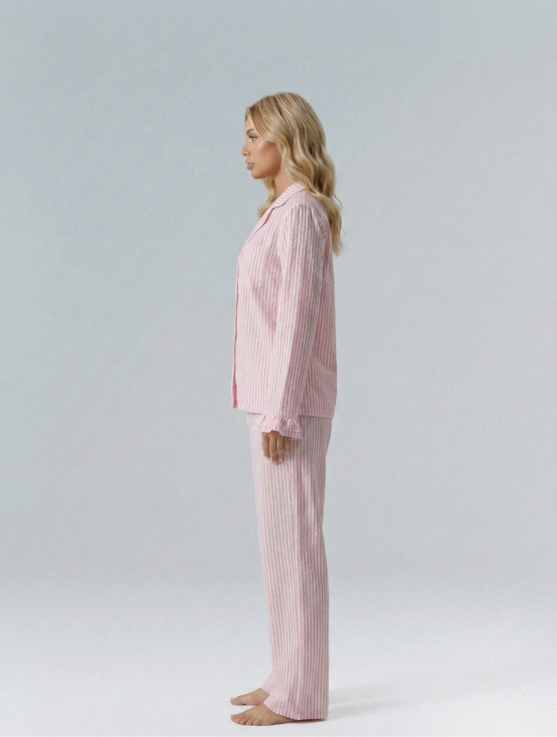 Cotton Stripe Pajama Set with Ruffle Sleeve